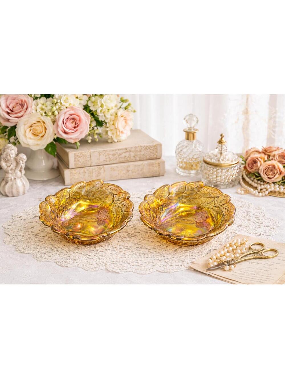 Vintage Indiana Glass Amber Carnival Glass Leaf Bowls Set of 2 1970s